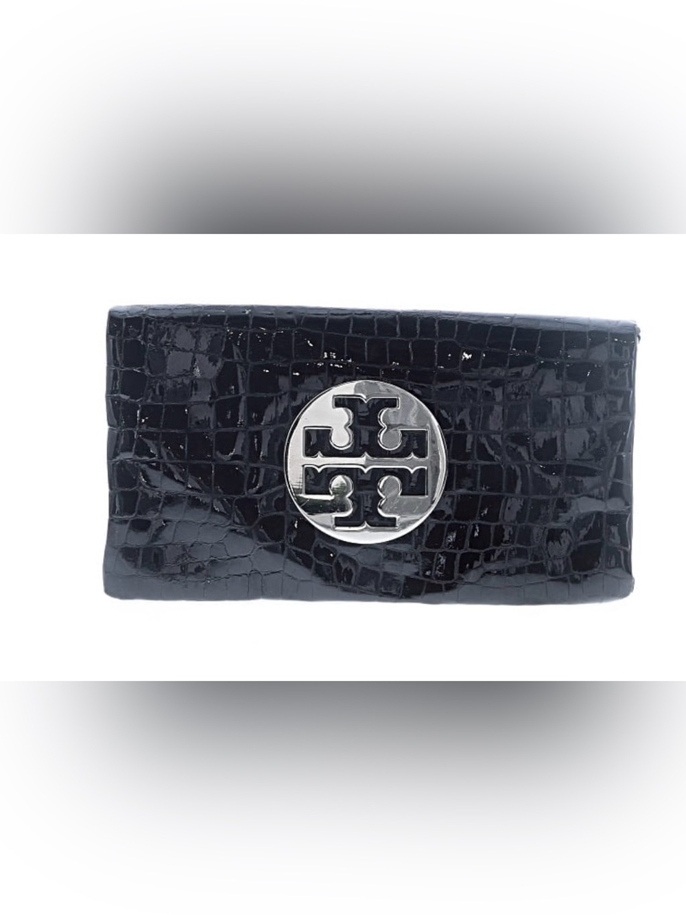 Tory Burch Black Patent Croc Embossed Clutch